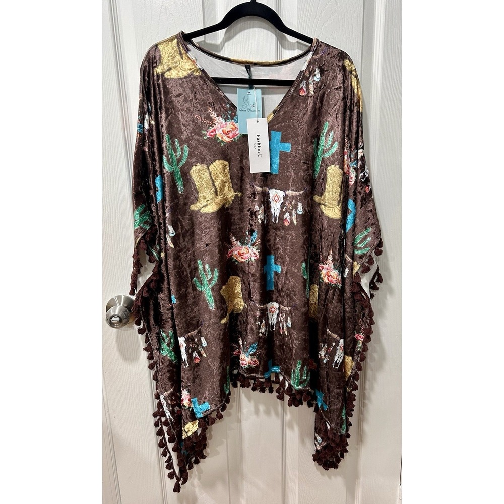 Fashion U Brown Crushed Velvet Western Poncho With Tassels NWT Kimono Sleeve